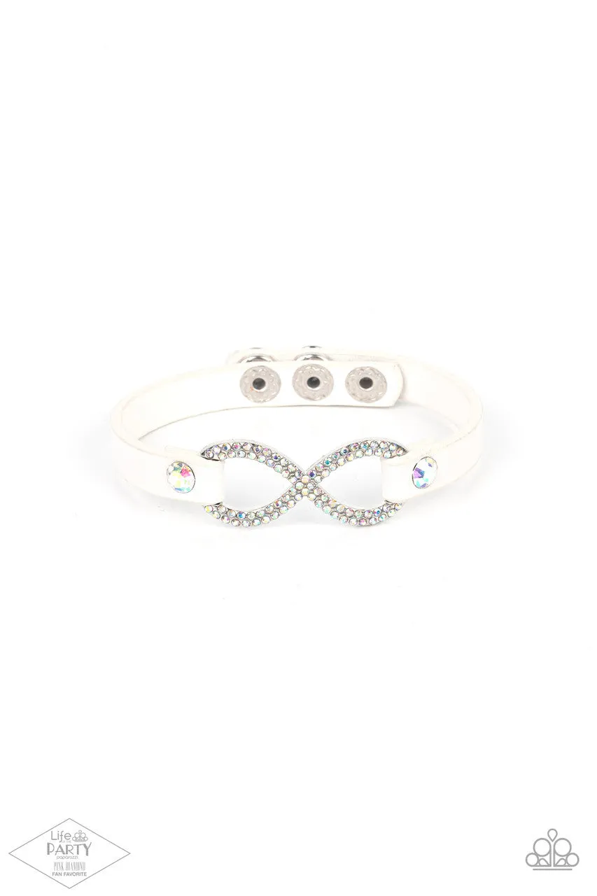 Innocent Till Proven GLITZY - Multi - Iridescent Rhinestone Infinity White Leather Paparazzi Wrap Bracelet - Pink Diamond Exclusive