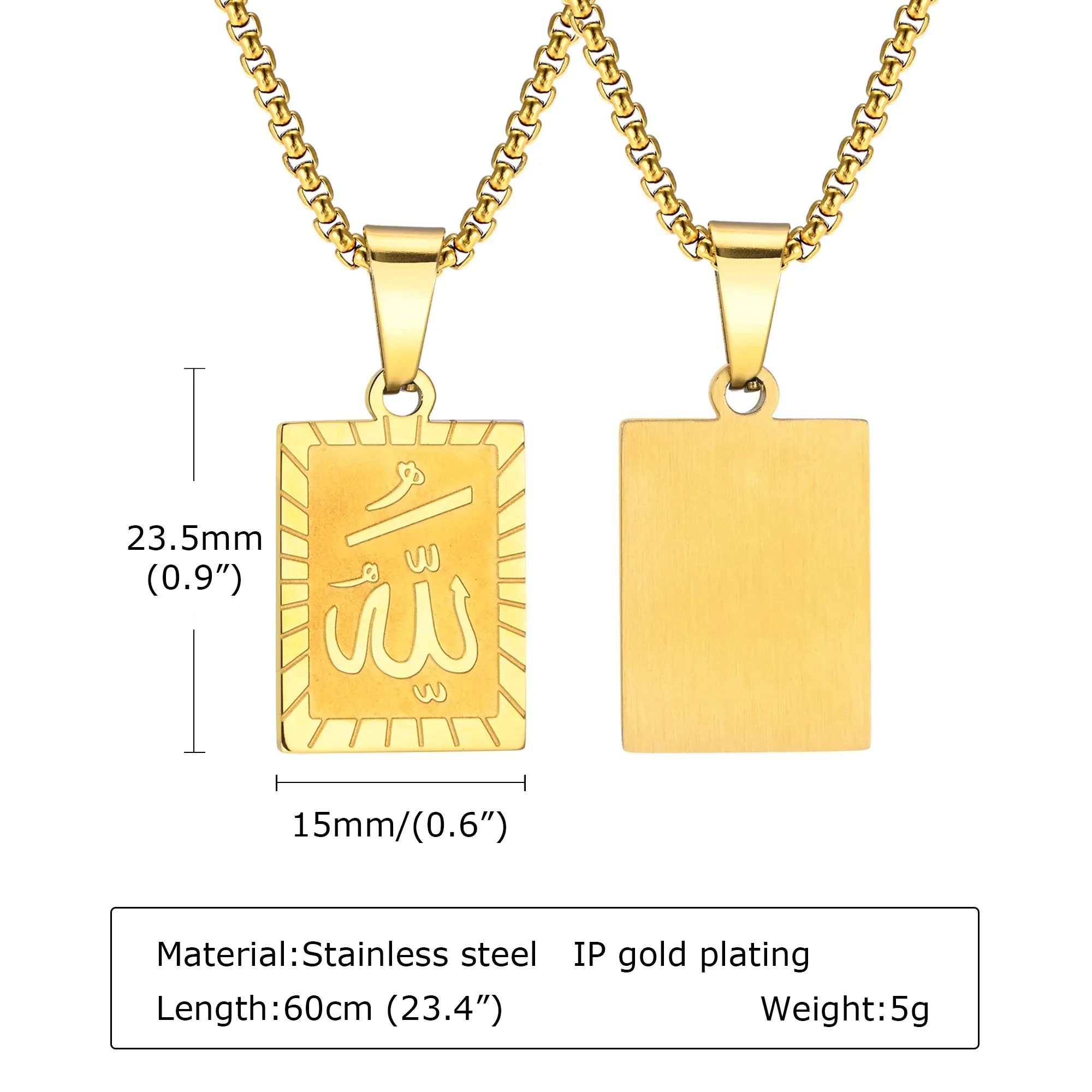 Islam Allah Men Necklaces,Gold Color Geometric Rectangle Pendant
