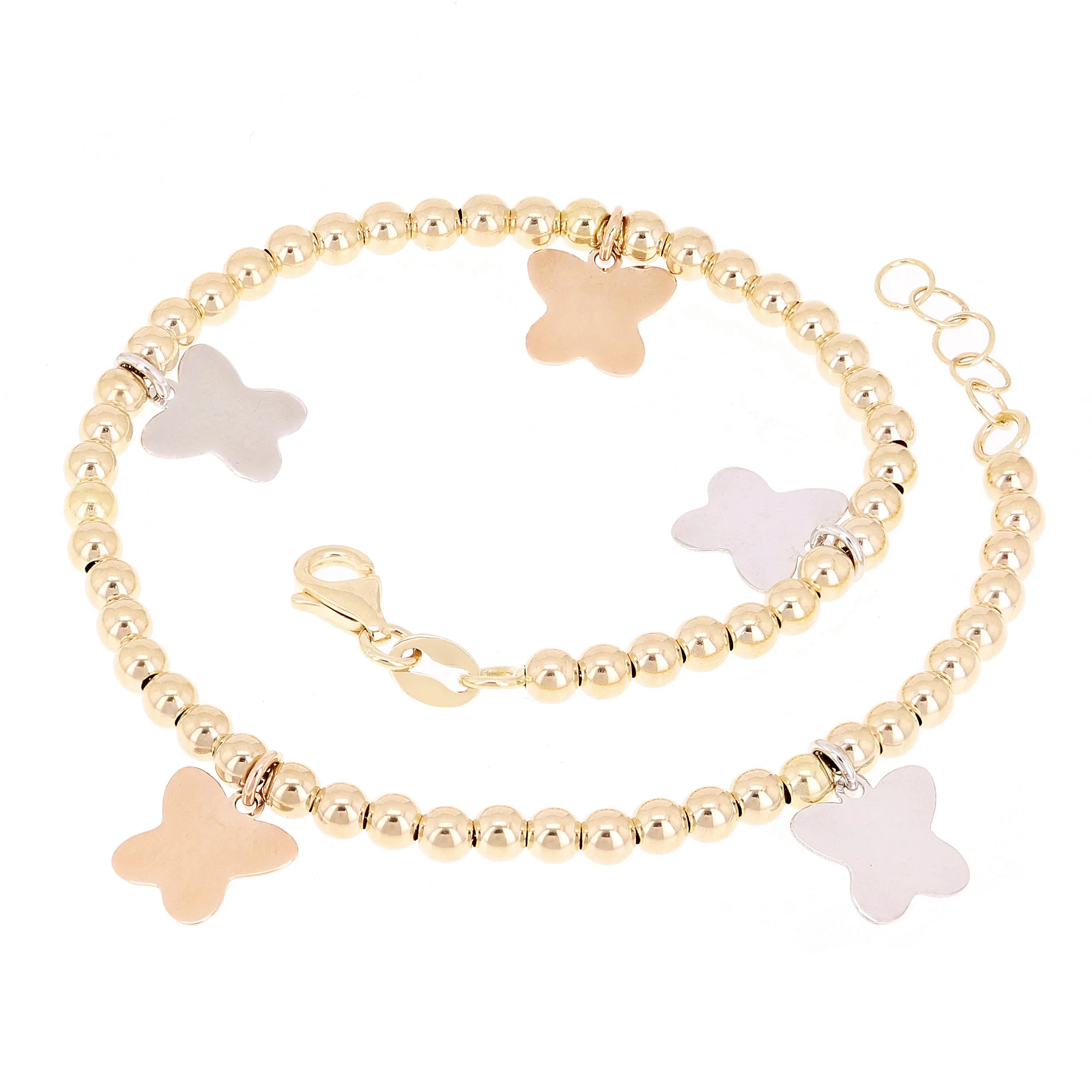 Italian 14k Tri Color Gold Ball Bead Bracelet with Butterfly Charm 8" 3mm 4.2g