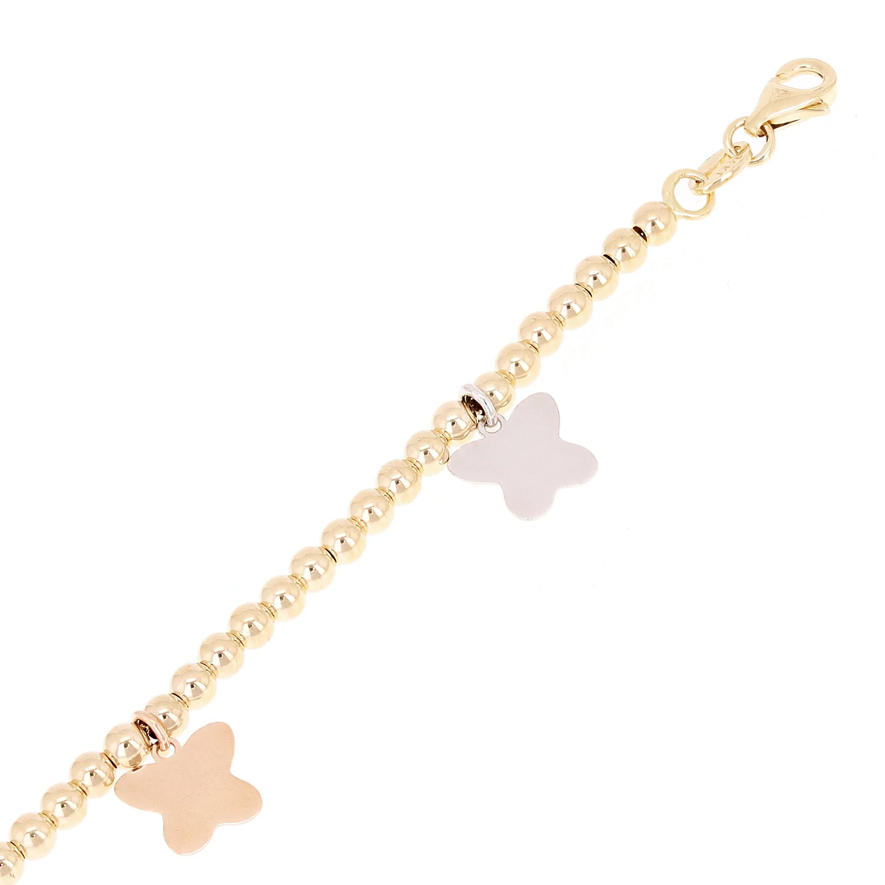 Italian 14k Tri Color Gold Ball Bead Bracelet with Butterfly Charm 8" 3mm 4.2g