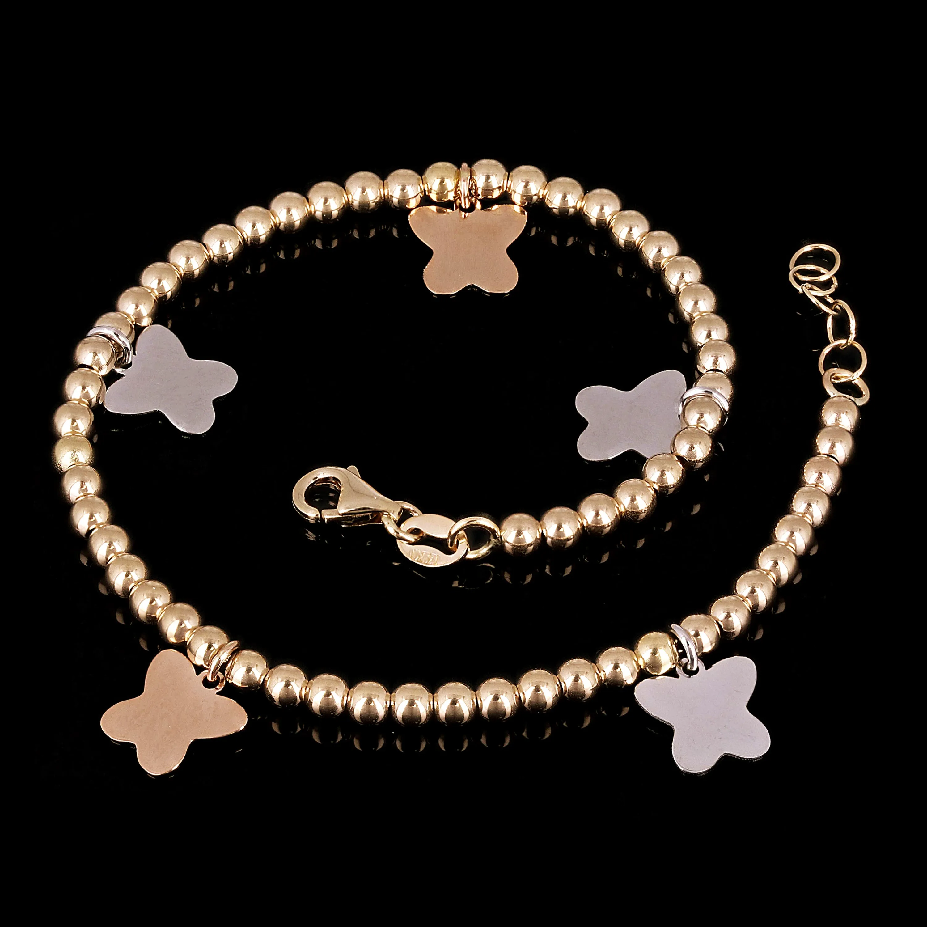 Italian 14k Tri Color Gold Ball Bead Bracelet with Butterfly Charm 8" 3mm 4.2g