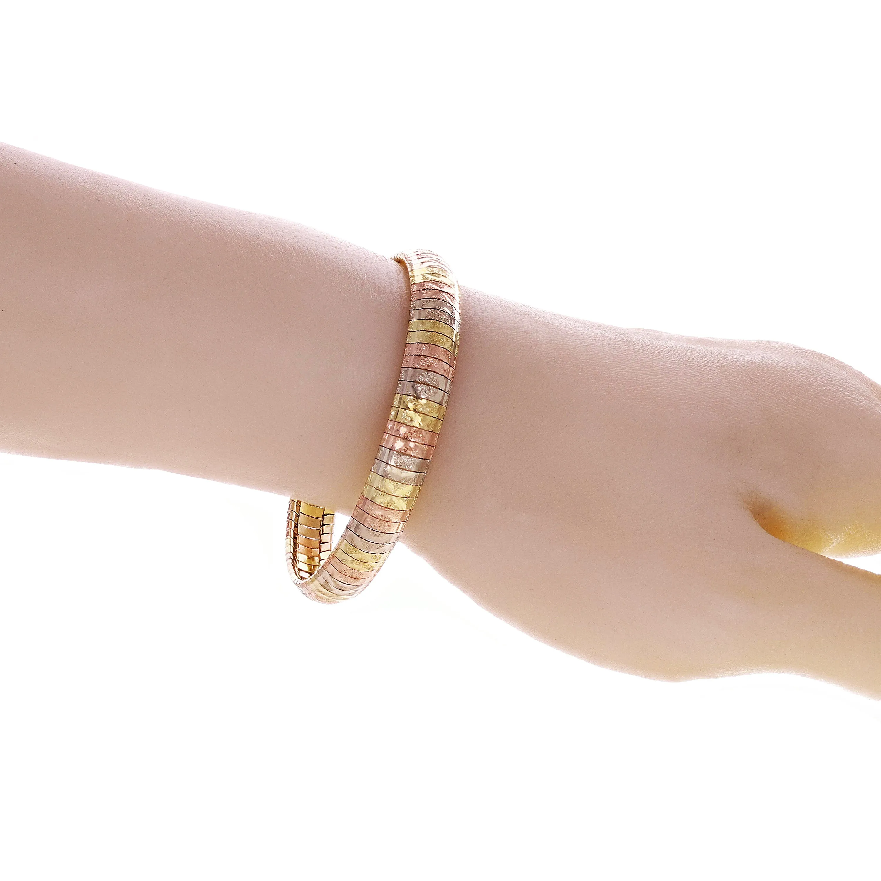 Italian 14k Tri-Color Gold Diamond Cut XOXO Omega Bangle Bracelet 7" 8.8mm 16.5g