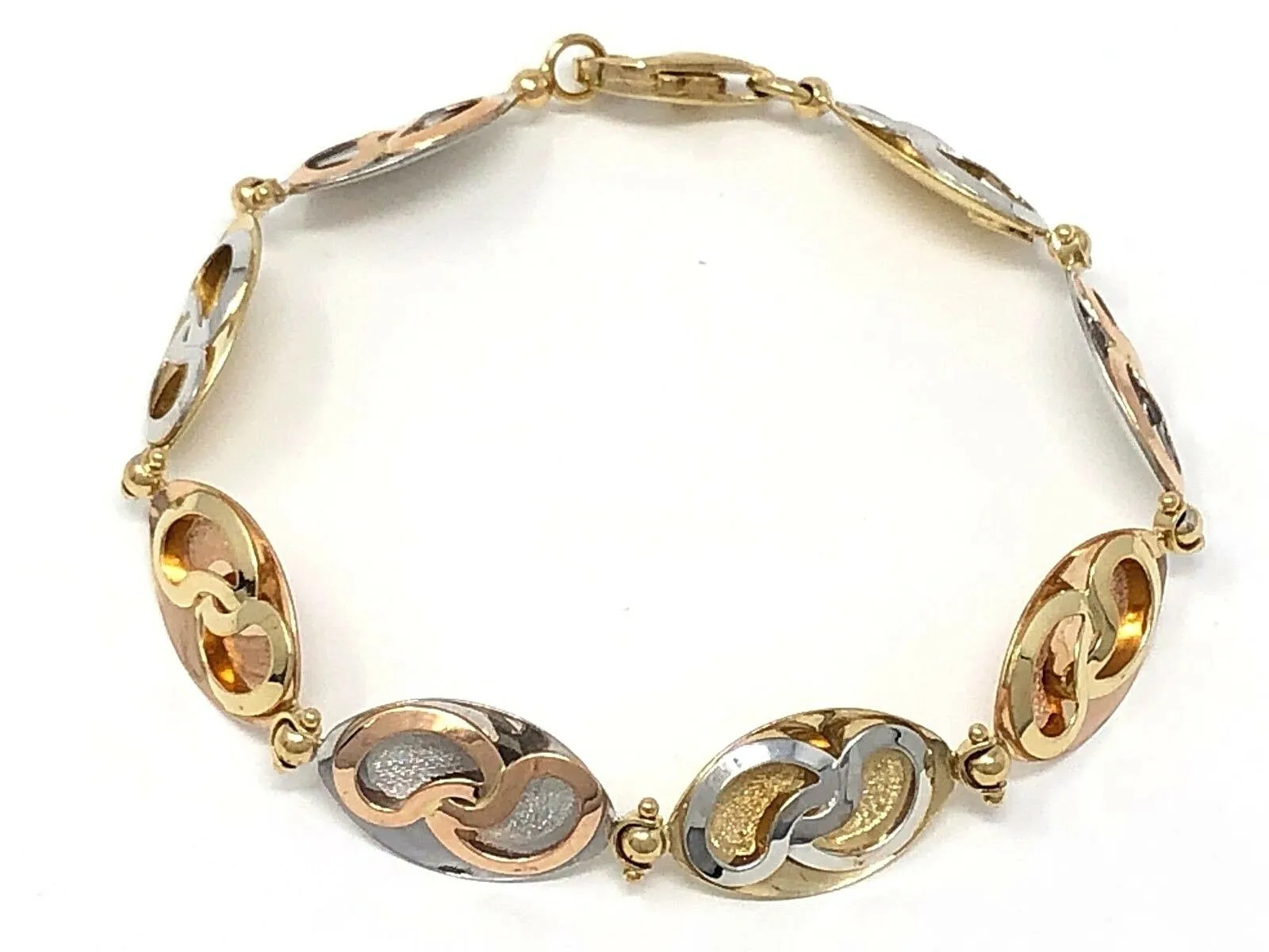 Italian 14k Tri Color Gold Hollow 3D Oval Bracelet 7.25" 10.9mm 8.9 grams