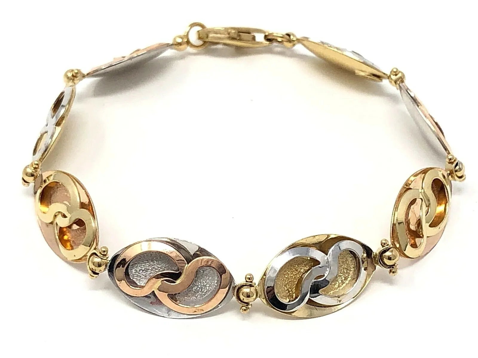 Italian 14k Tri Color Gold Hollow 3D Oval Bracelet 7.25" 10.9mm 8.9 grams