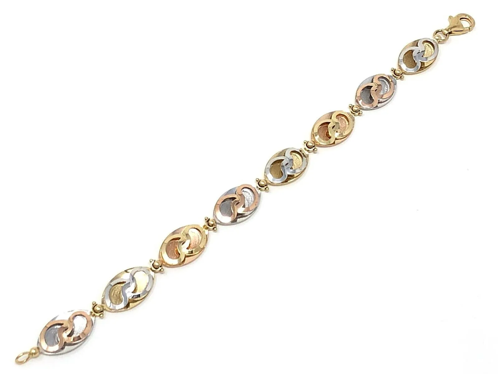 Italian 14k Tri Color Gold Hollow 3D Oval Bracelet 7.25" 10.9mm 8.9 grams