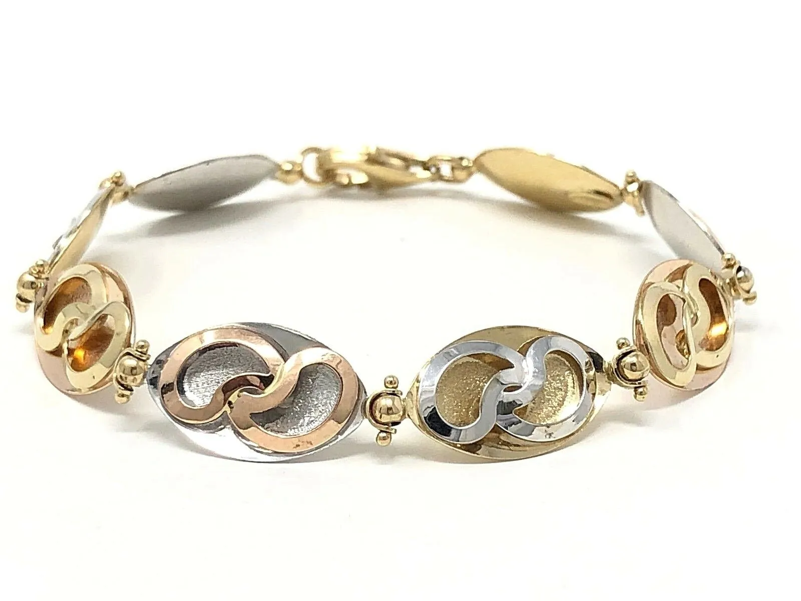 Italian 14k Tri Color Gold Hollow 3D Oval Bracelet 7.25" 10.9mm 8.9 grams