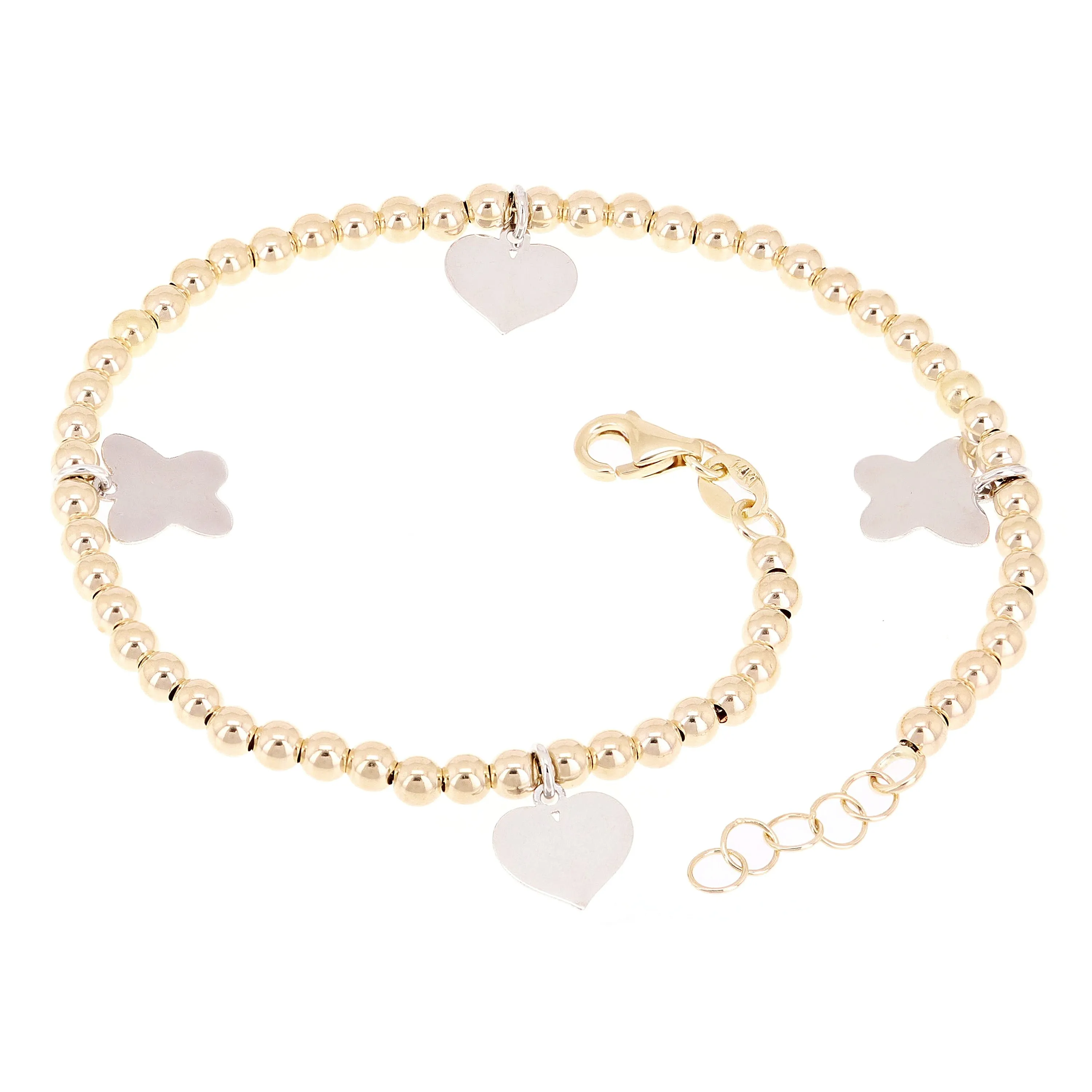 Italian 14k Two Tone Gold Ball Bead Bracelet with Butterfly & Heart Charms 7.75"