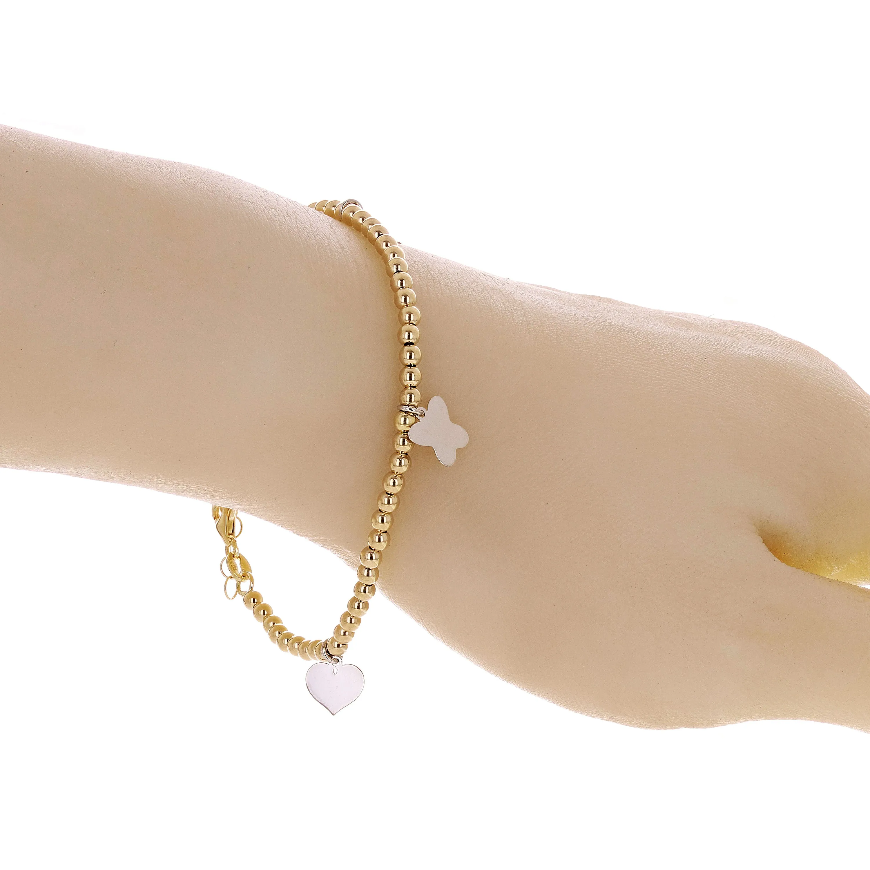Italian 14k Two Tone Gold Ball Bead Bracelet with Butterfly & Heart Charms 7.75"