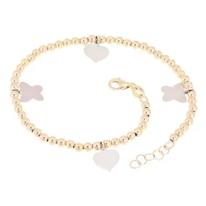 Italian 14k Two Tone Gold Ball Bead Bracelet with Butterfly & Heart Charms 7.75"