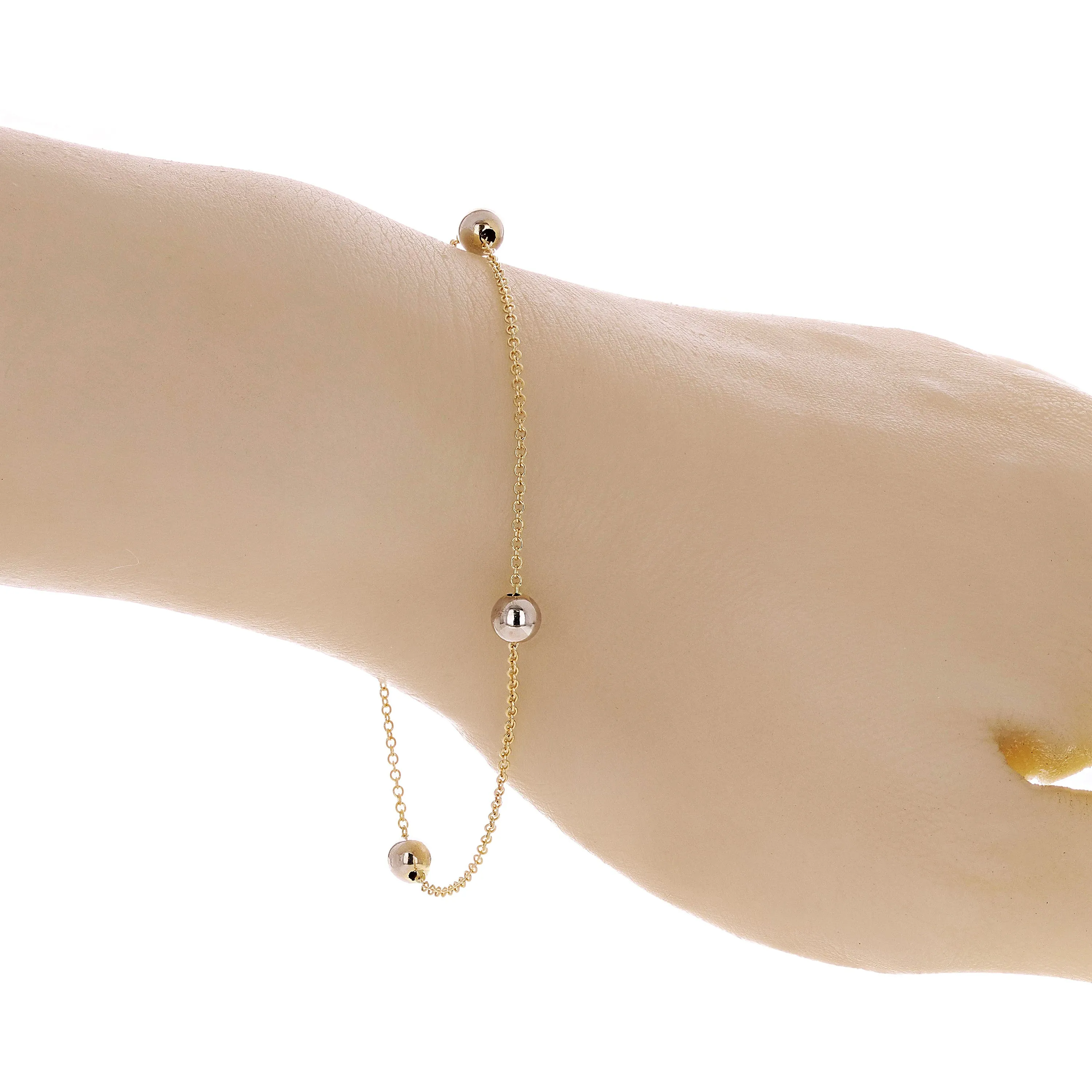 Italian 14k Yellow & White Gold Ball Bead Station Bracelet 7.5" 5mm 1.4 grams