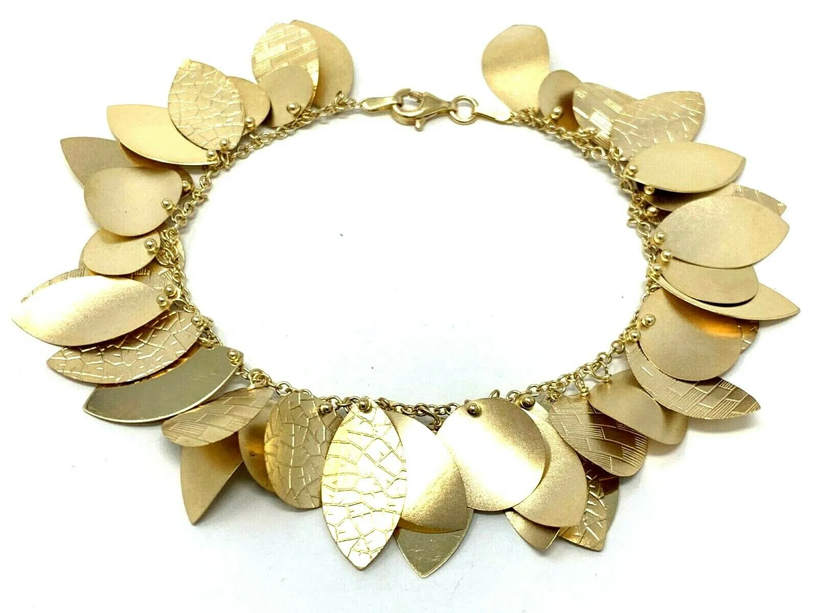 Italian 14k Yellow Gold Round and Leaves Shape Charm Bracelet 7.5" 13 grams