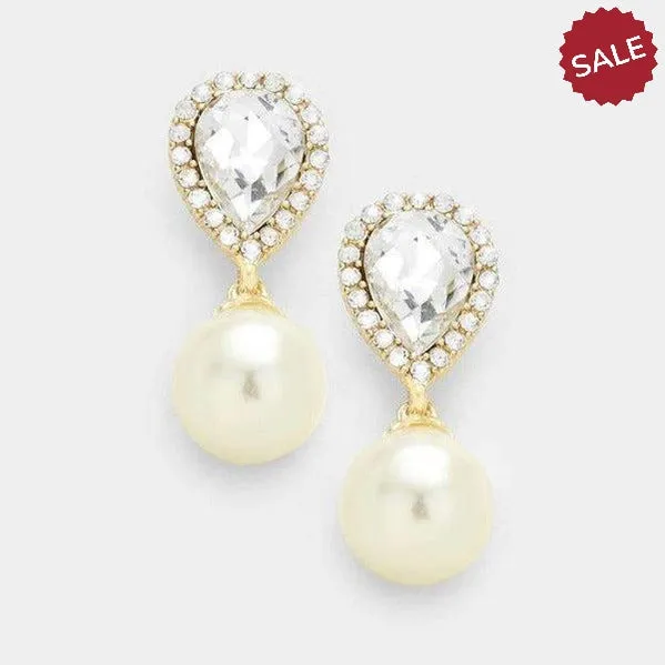 Ivory Pearl & Crystal Teardrop Evening Earrings