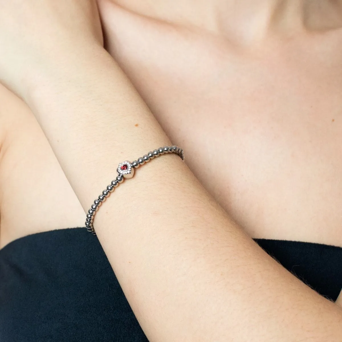 January | Garnet Birthstone | Silver | Crystal Heart Bracelet