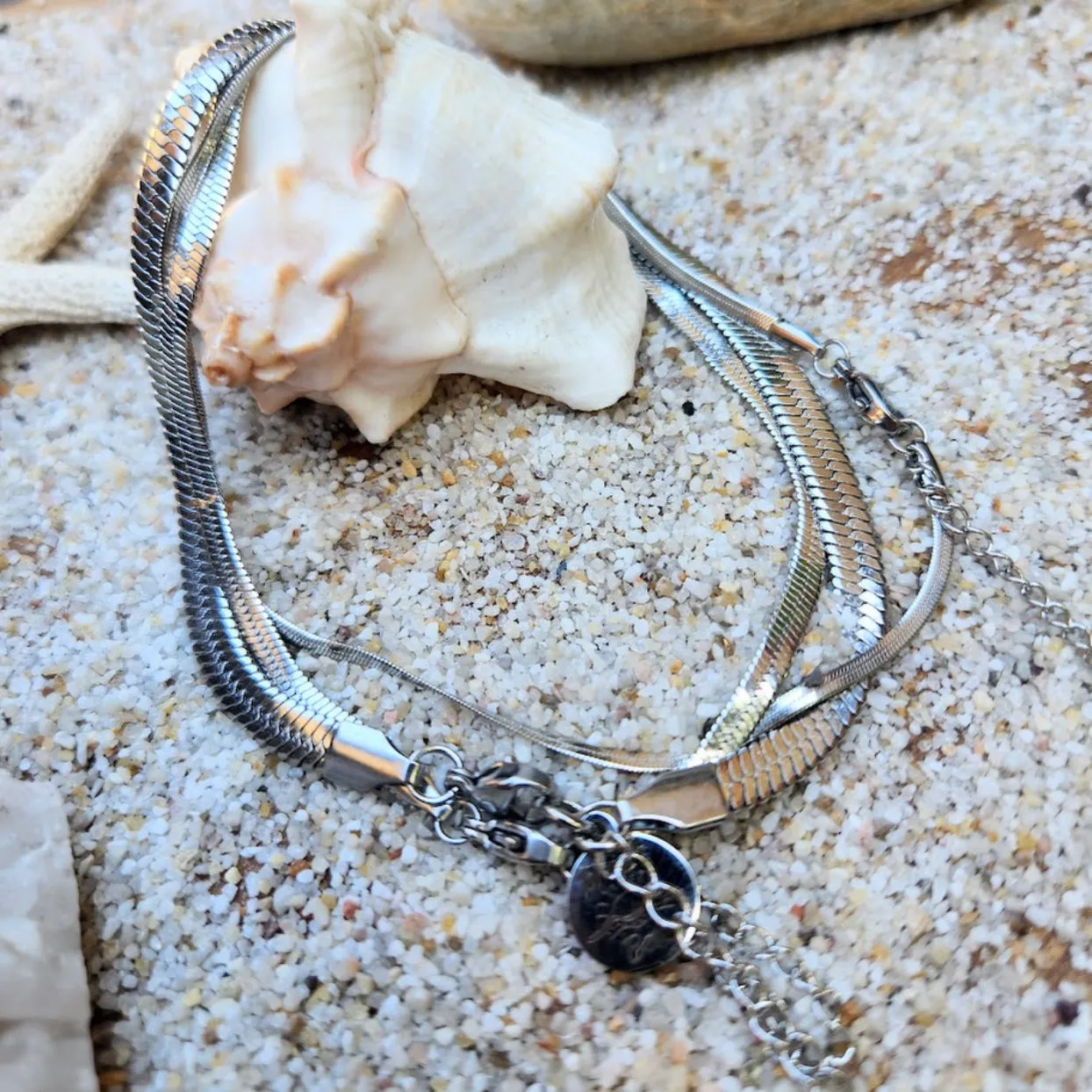 JEU DE TROIS  (SET OF 3) 18K GOLD OR SILVER WATERPROOF SNAKE CHAIN ANKLETS