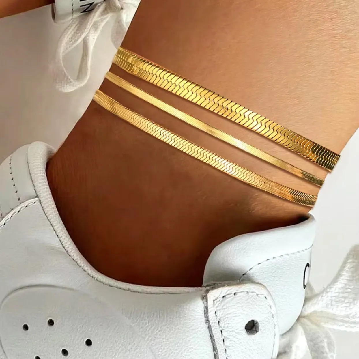JEU DE TROIS  (SET OF 3) 18K GOLD OR SILVER WATERPROOF SNAKE CHAIN ANKLETS