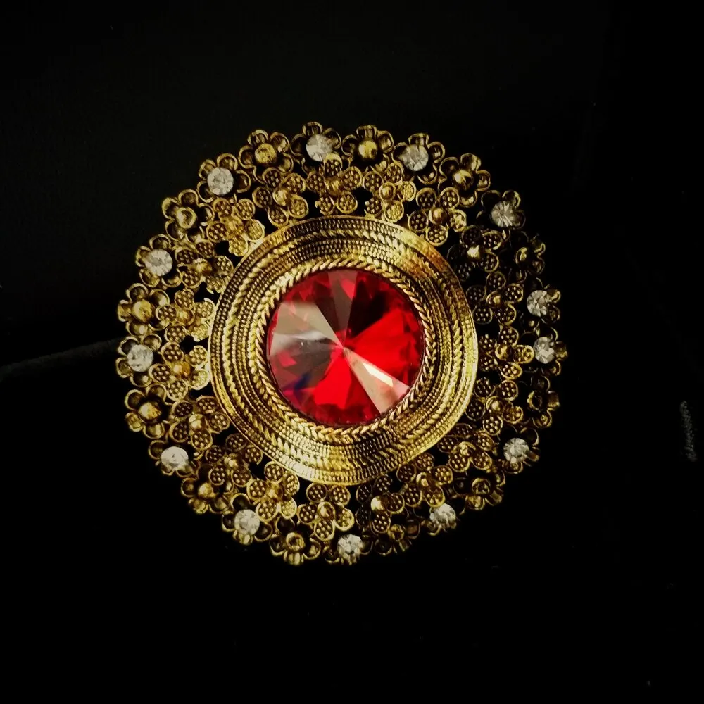 Jewelblings Edwardian Jewelry Domed Red Crystal Stone Round Brooches Gold Tone Filigree Rope Circlet Vintage Floral Broach Pin for Men Suit
