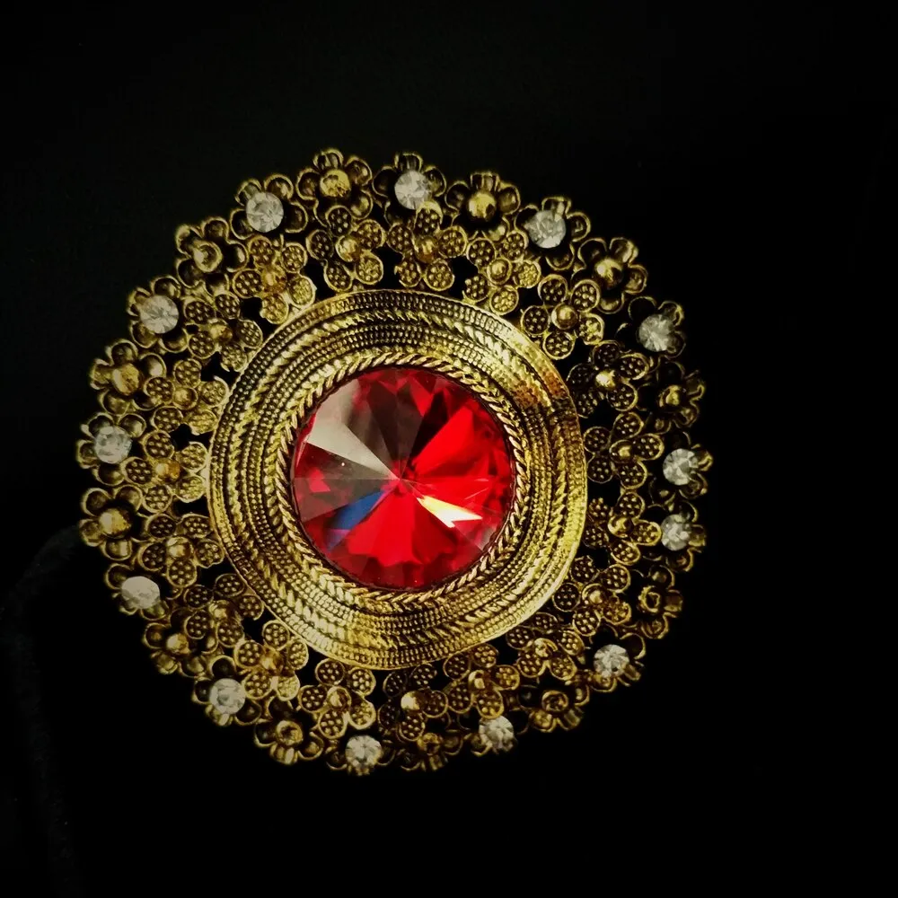 Jewelblings Edwardian Jewelry Domed Red Crystal Stone Round Brooches Gold Tone Filigree Rope Circlet Vintage Floral Broach Pin for Men Suit