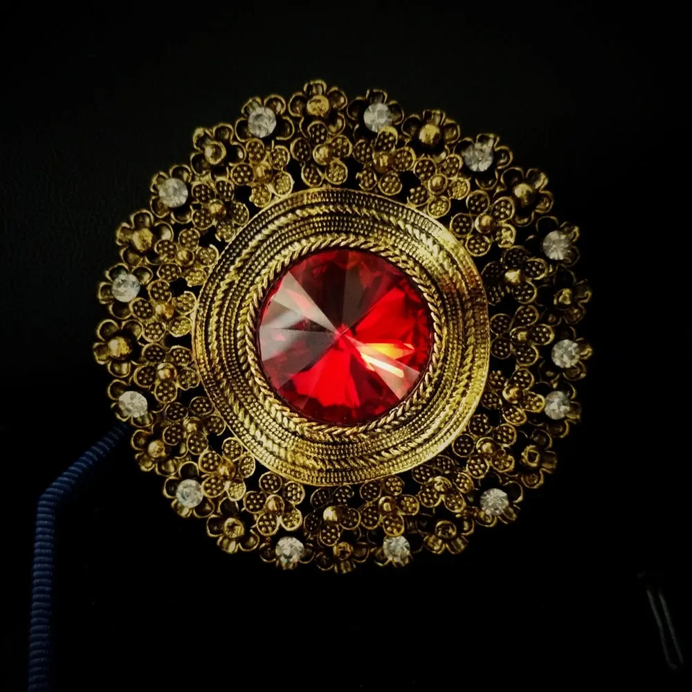 Jewelblings Edwardian Jewelry Domed Red Crystal Stone Round Brooches Gold Tone Filigree Rope Circlet Vintage Floral Broach Pin for Men Suit