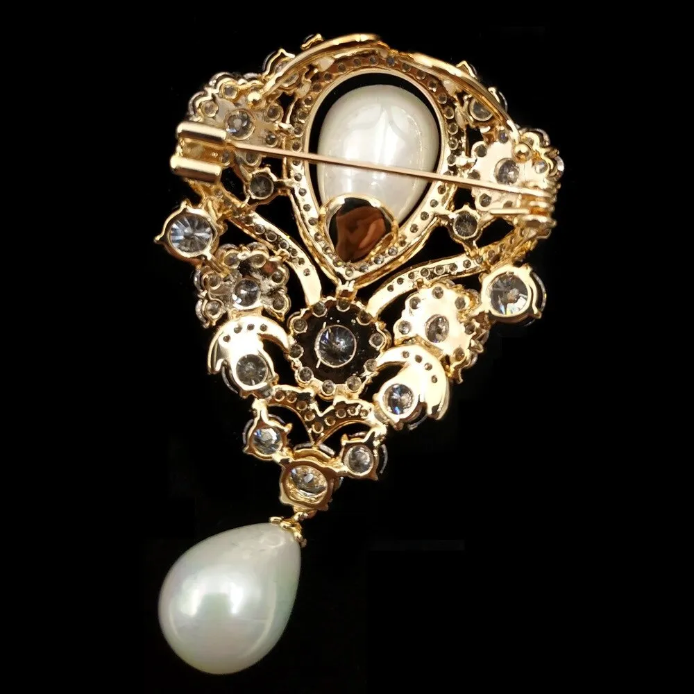 Jewelblings Victorian Vintage Ribbon Scroll Imitated Pearl Drop Wedding Brooches Gold Tone Pave CZ Floral Teardrop Luxury Bridal Pin Jewelry