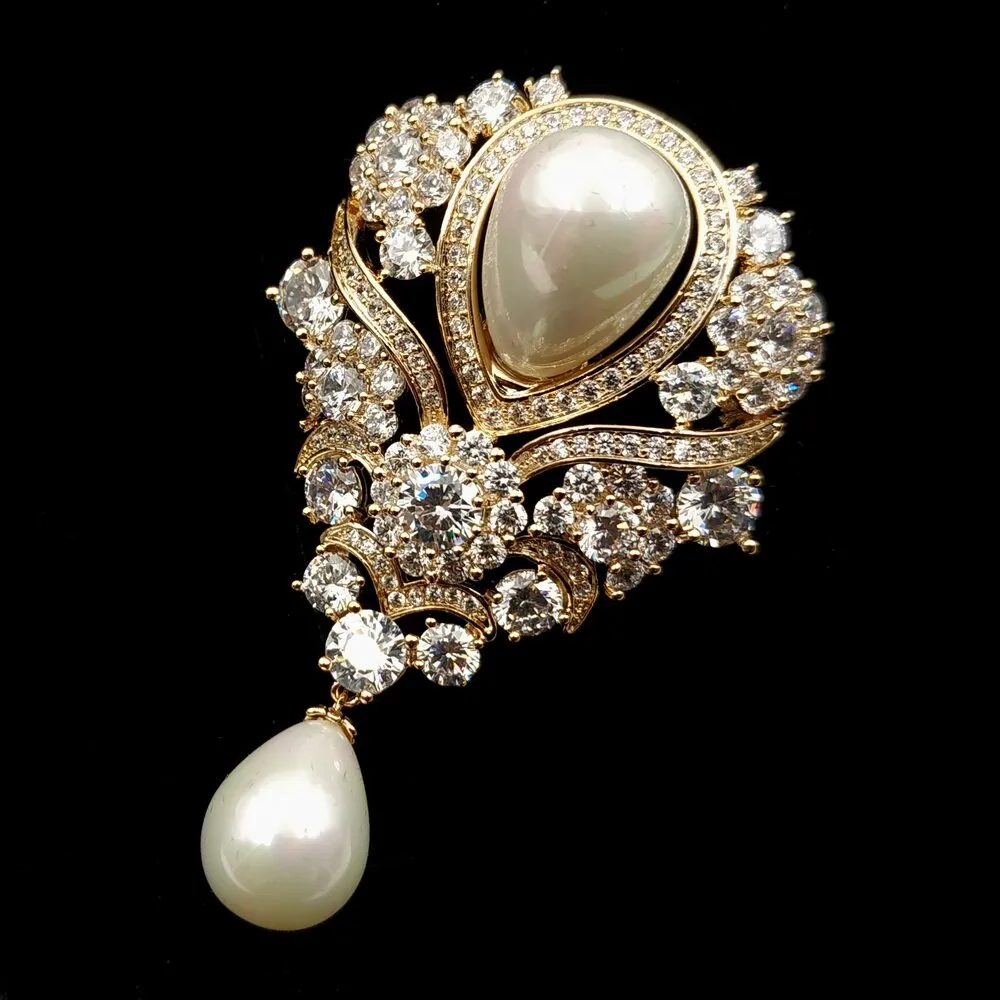 Jewelblings Victorian Vintage Ribbon Scroll Imitated Pearl Drop Wedding Brooches Gold Tone Pave CZ Floral Teardrop Luxury Bridal Pin Jewelry