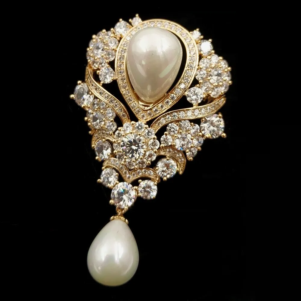 Jewelblings Victorian Vintage Ribbon Scroll Imitated Pearl Drop Wedding Brooches Gold Tone Pave CZ Floral Teardrop Luxury Bridal Pin Jewelry