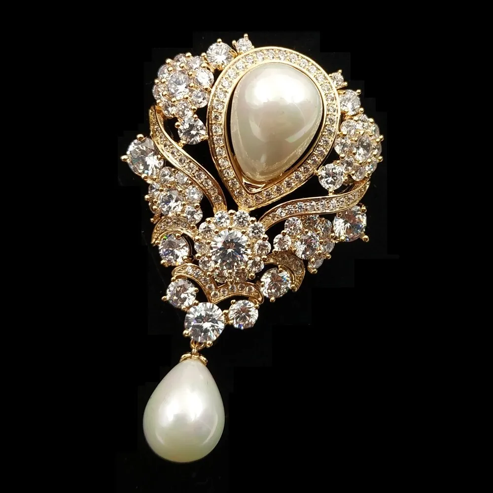 Jewelblings Victorian Vintage Ribbon Scroll Imitated Pearl Drop Wedding Brooches Gold Tone Pave CZ Floral Teardrop Luxury Bridal Pin Jewelry