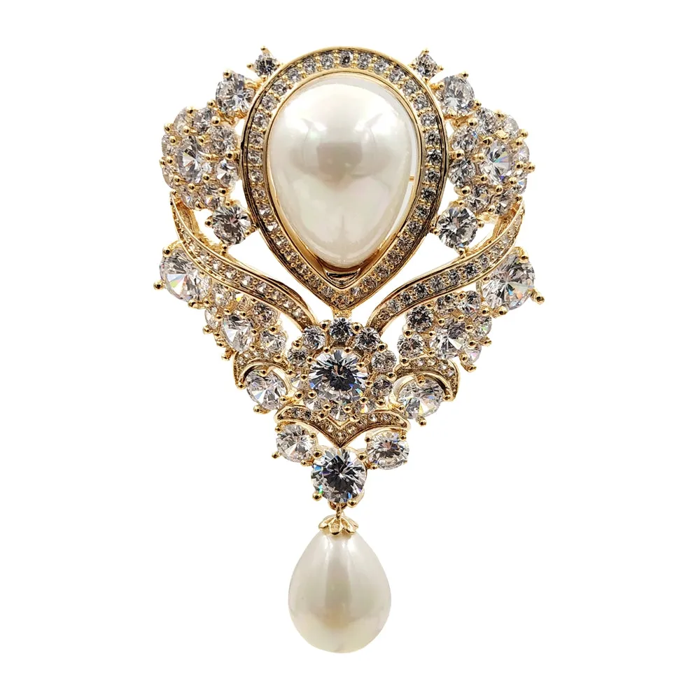 Jewelblings Victorian Vintage Ribbon Scroll Imitated Pearl Drop Wedding Brooches Gold Tone Pave CZ Floral Teardrop Luxury Bridal Pin Jewelry
