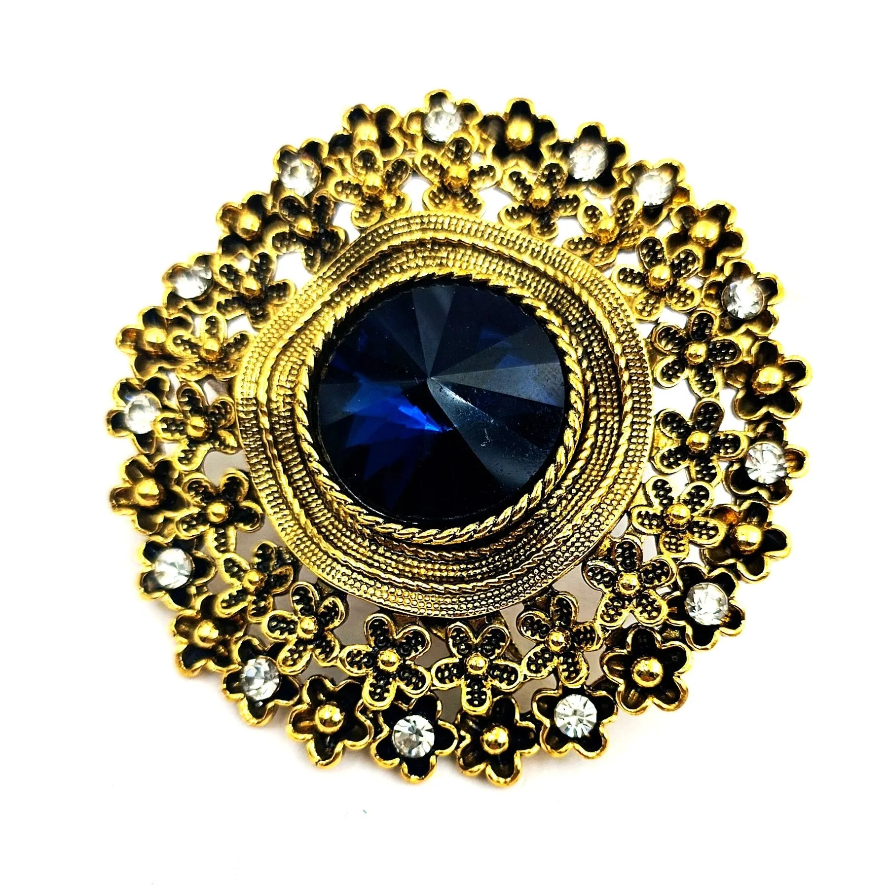 Jewelblings Vintage Look Floral Surrounded Big Dark Blue Round Stone Domed Art Deco Brooch Pin Circlet Costume Sash Cape Coat Shawl Jewelry