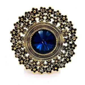 Jewelblings Vintage Look Floral Surrounded Big Dark Blue Round Stone Domed Art Deco Brooch Pin Circlet Costume Sash Cape Coat Shawl Jewelry