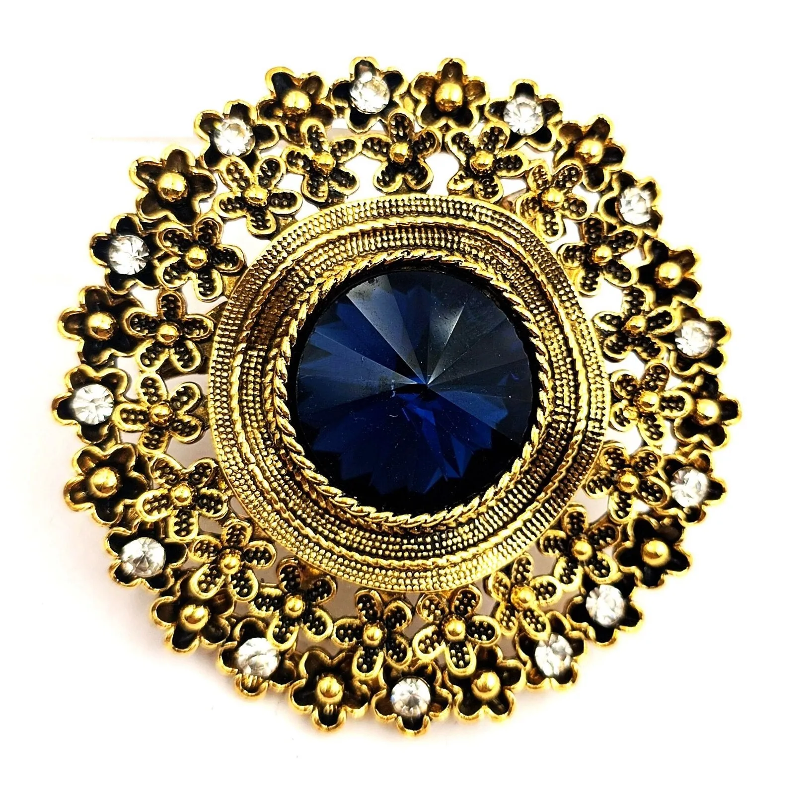 Jewelblings Vintage Look Floral Surrounded Big Dark Blue Round Stone Domed Art Deco Brooch Pin Circlet Costume Sash Cape Coat Shawl Jewelry