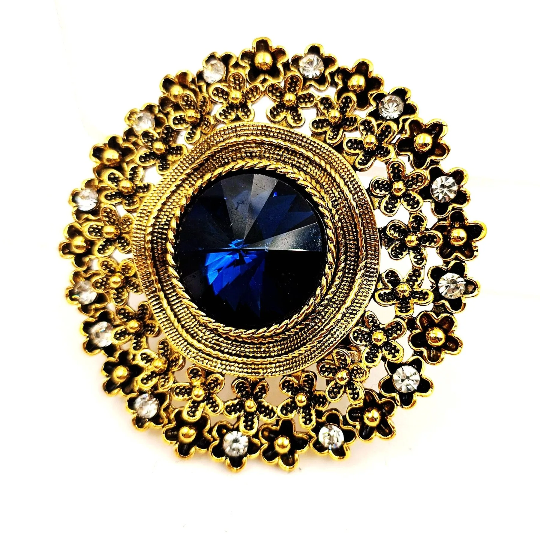 Jewelblings Vintage Look Floral Surrounded Big Dark Blue Round Stone Domed Art Deco Brooch Pin Circlet Costume Sash Cape Coat Shawl Jewelry