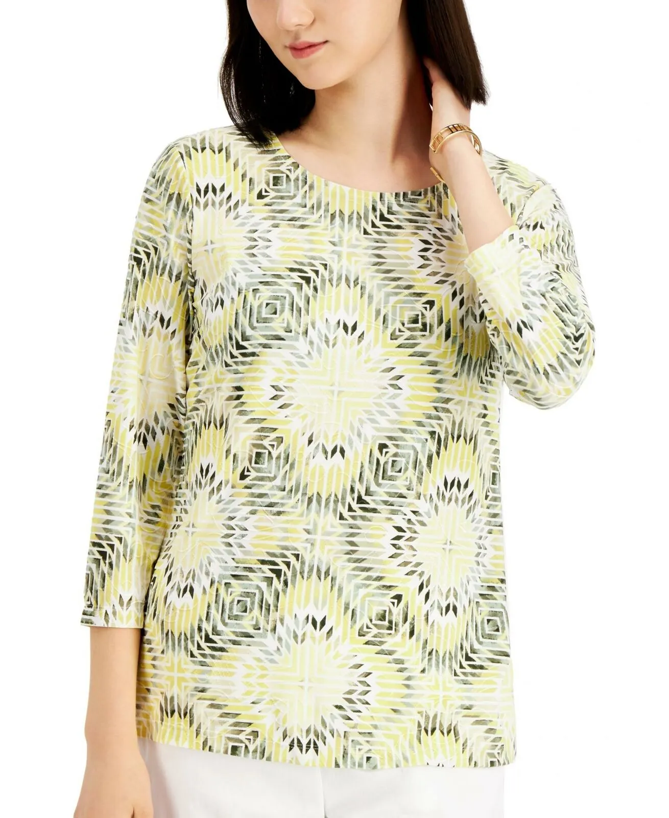 JM Collection Petite Geo Textured Jacquard Popover Knit Top