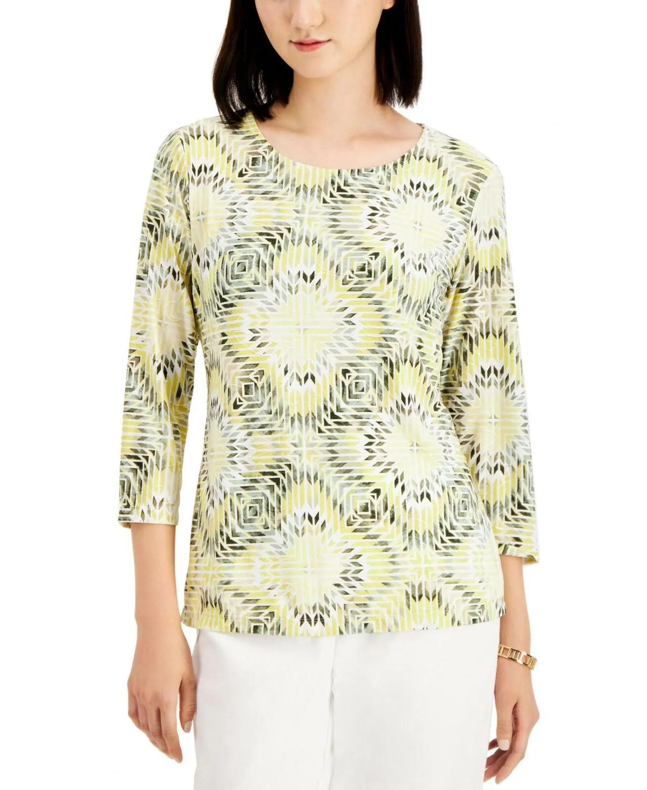 JM Collection Petite Geo Textured Jacquard Popover Knit Top