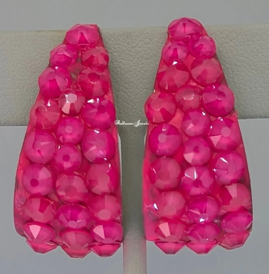 Large wide hoop crystal earrings in Electric Pink
