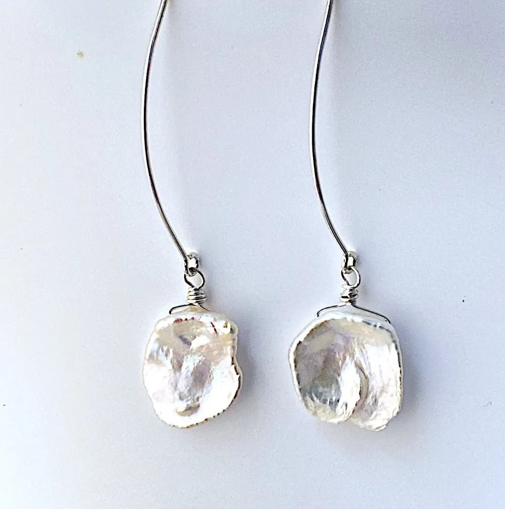 Long Silver Keshi Pearl Earrings