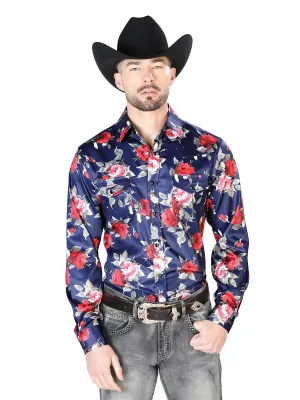 Long Sleeve Denim Shirt with Blue Floral Print Brooches / Flowers for Men 'The Lord of the Skies' - ID: 43937