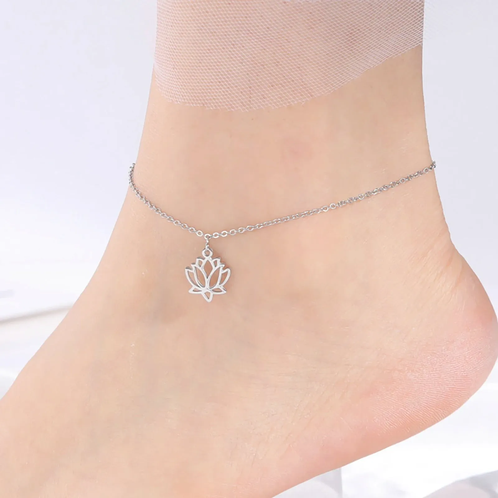 Lotus Flower Anklet Stainless Steel Bohemian Ankle Bracelet Jewelry