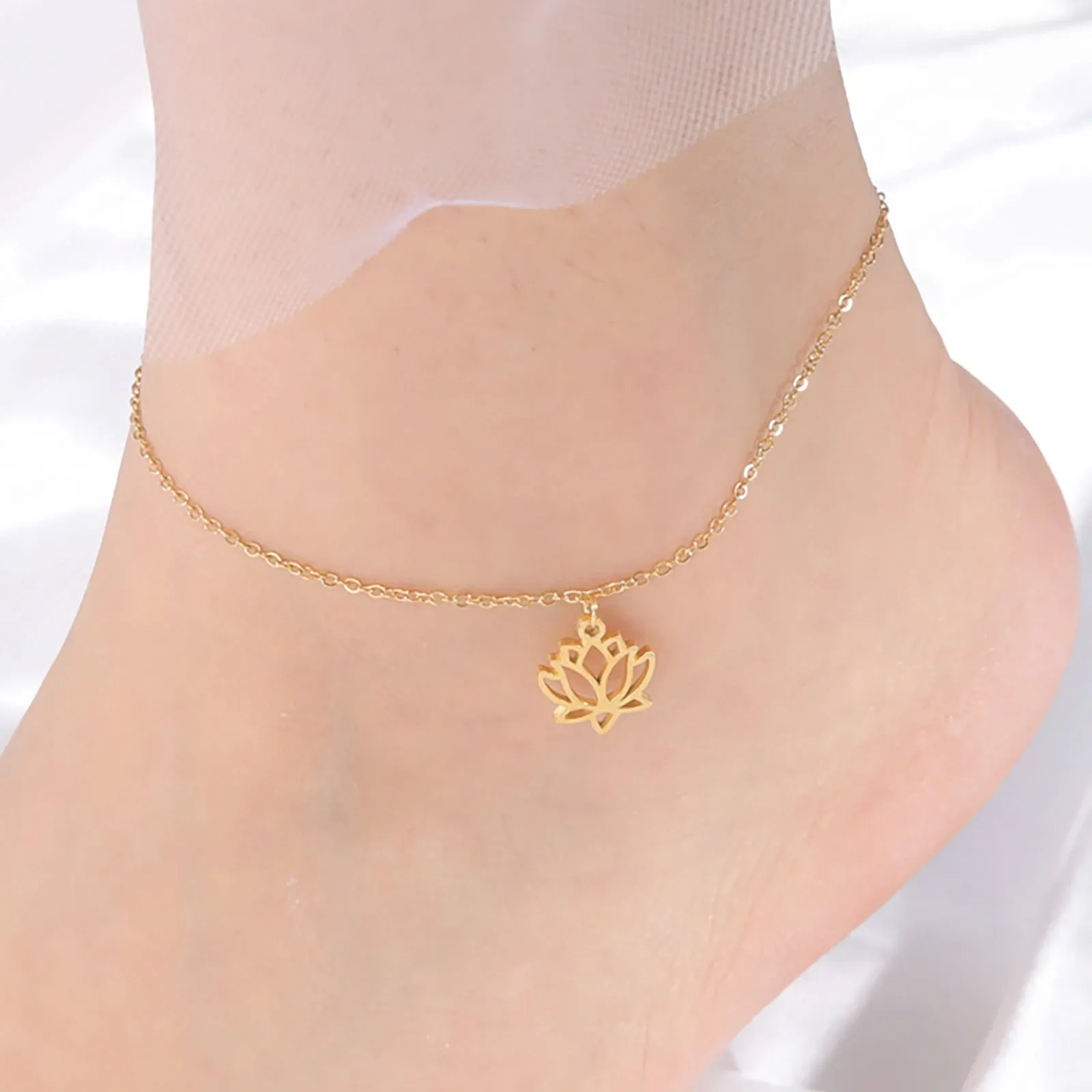 Lotus Flower Anklet Stainless Steel Bohemian Ankle Bracelet Jewelry