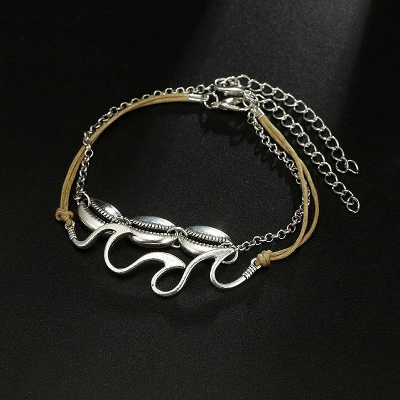 Luna Cowrie Shell & Wave White Gold Plated 2 Strand Anklet