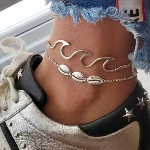 Luna Cowrie Shell & Wave White Gold Plated 2 Strand Anklet