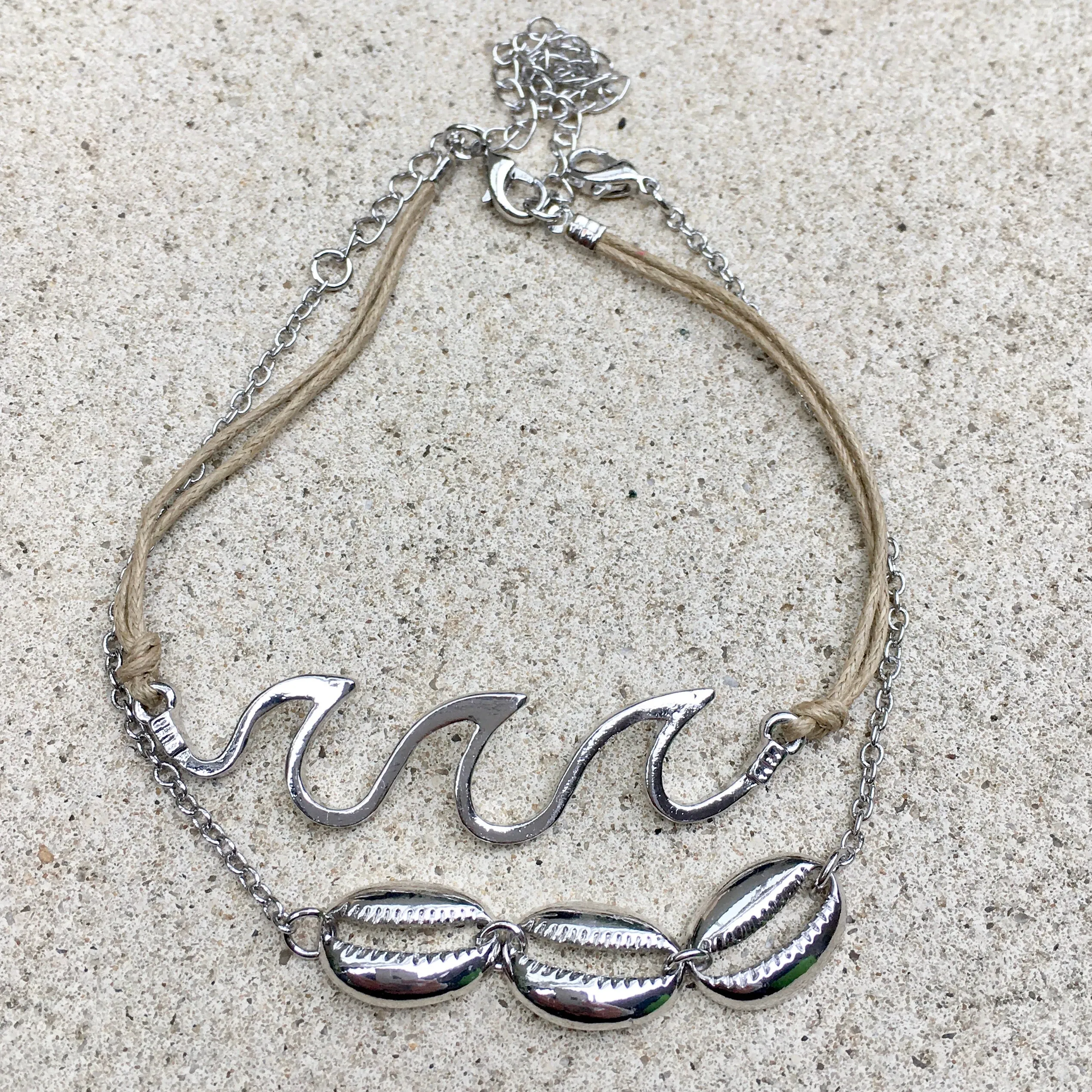 Luna Cowrie Shell & Wave White Gold Plated 2 Strand Anklet