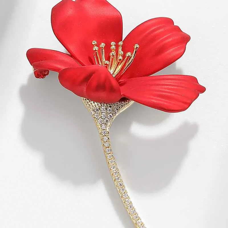 Luxury Zircon Red Hibiscus Brooch – Elegant Floral Pin