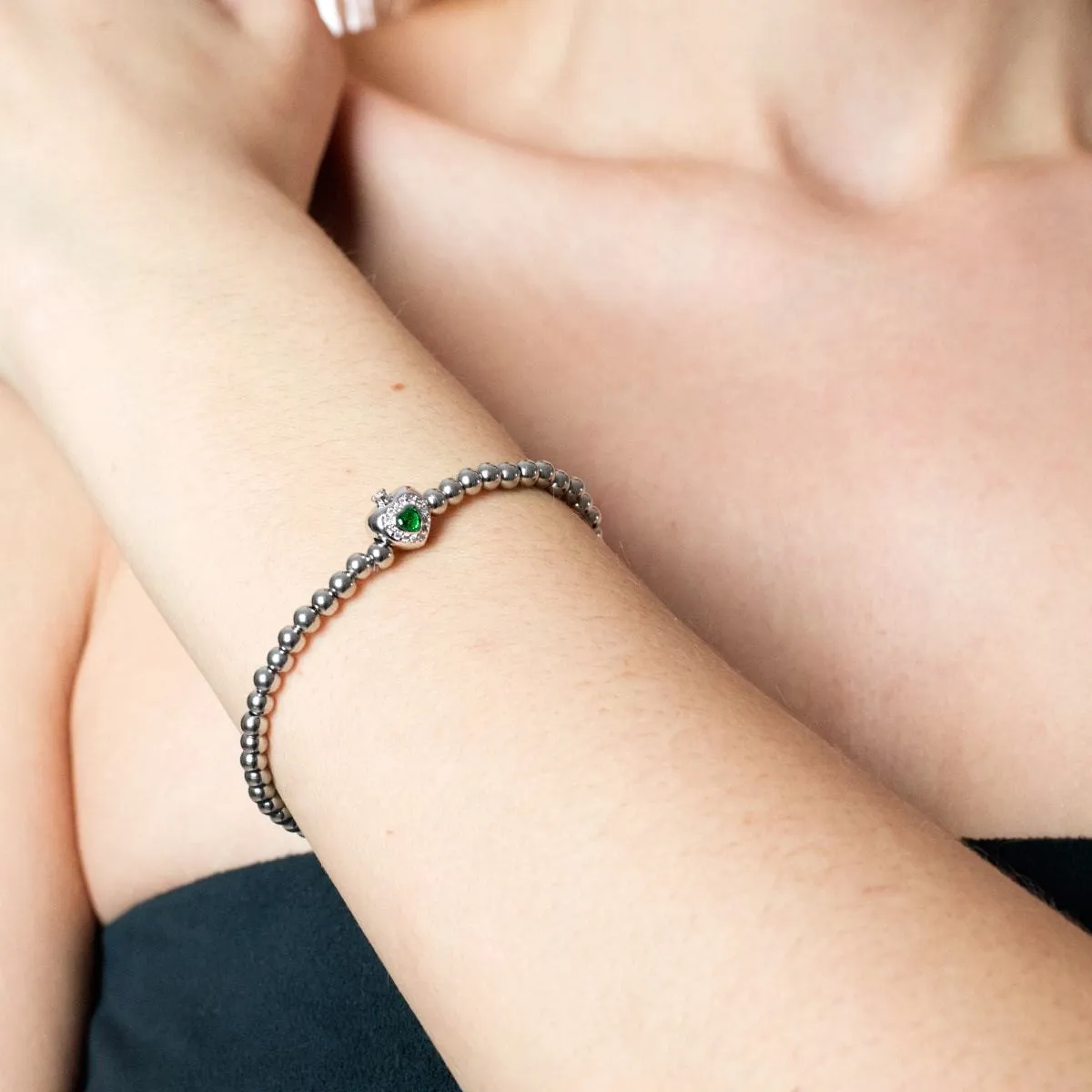 May | Emerald Birthstone | Silver | Crystal Heart Bracelet