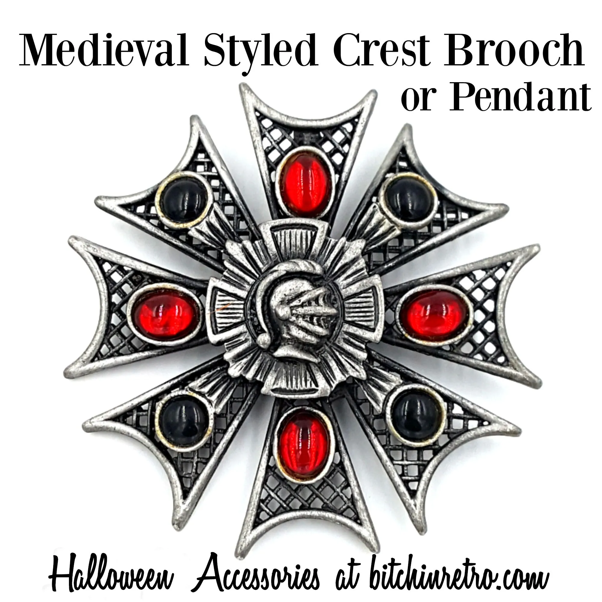 Medieval Style Brooch and Pendant With Center Crest, Black and Red Cabochons