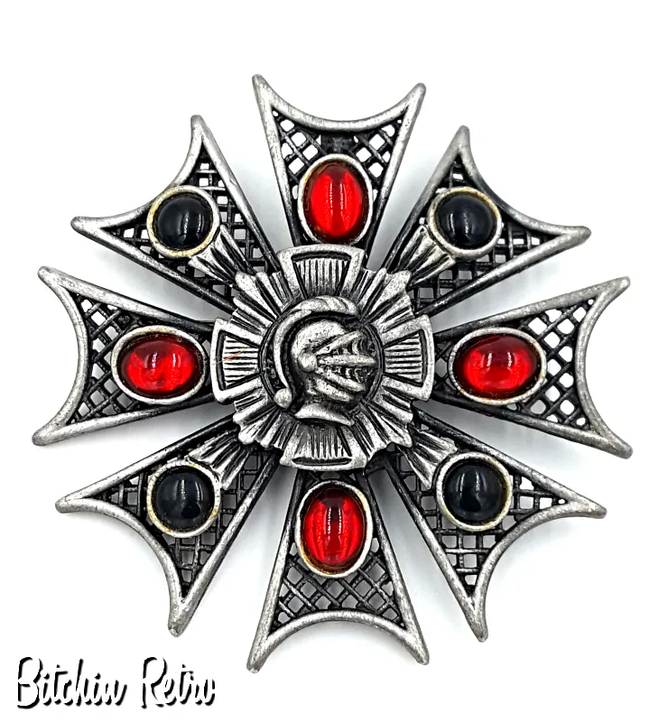 Medieval Style Brooch and Pendant With Center Crest, Black and Red Cabochons