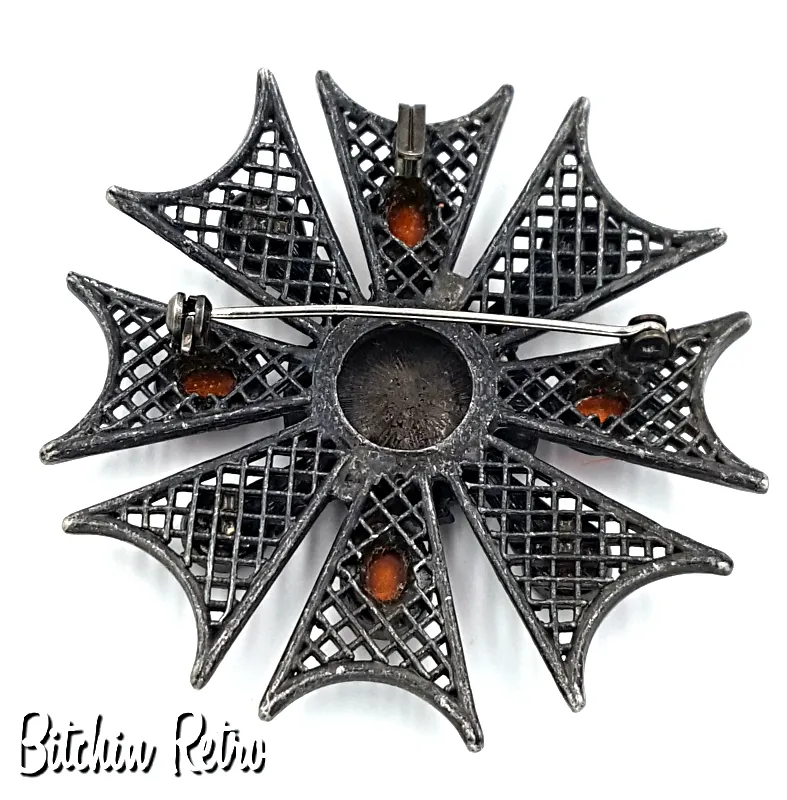 Medieval Style Brooch and Pendant With Center Crest, Black and Red Cabochons