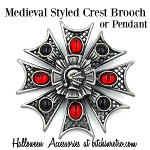 Medieval Style Brooch and Pendant With Center Crest, Black and Red Cabochons