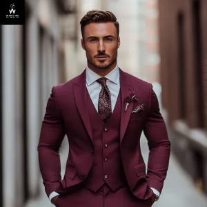 Men's 100% Merino Wool Burgundy 3-Piece Suit – Perfect for Winter Weddings and Groom Attire