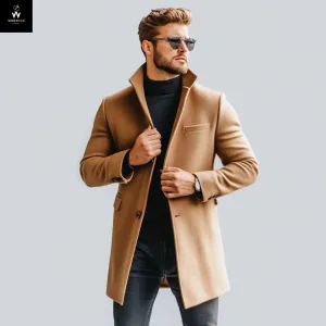 Men’s Beige Wool Over Trench Coat with Peak Lapel & Two-Button Closure