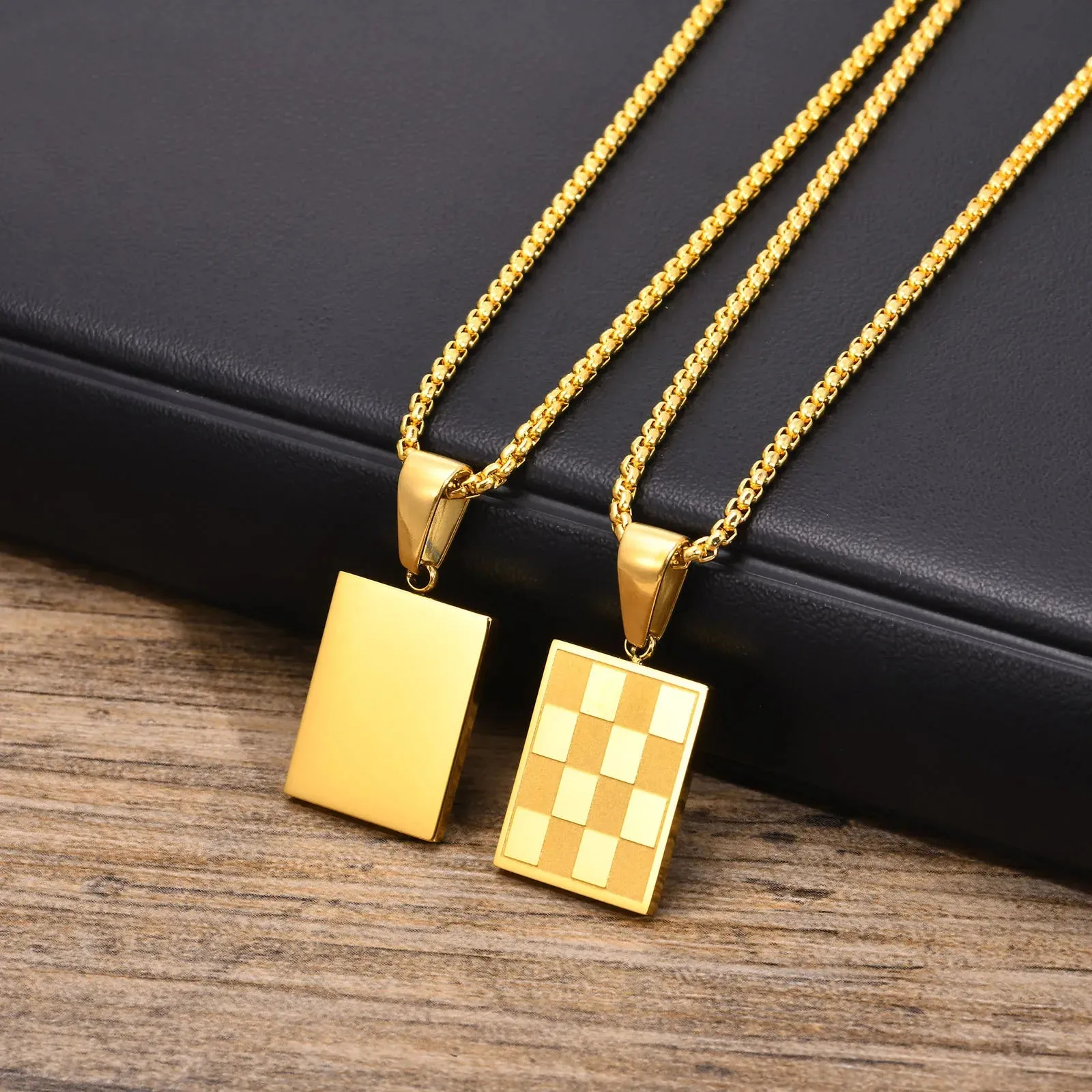 Men's Square Checkerboard Necklace,Waterproof Stainless Steel Checkered Geometric Pendant